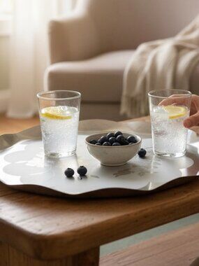 Vintage silver aluminum serving tray etched floral center fluted scalloped edge